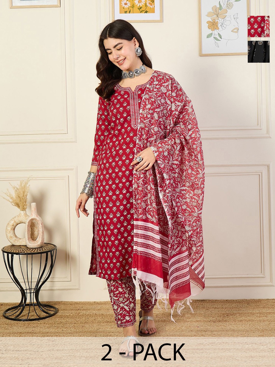 

KALINI Selection Of 2 Floral Printed Notch Neck Straight Kurta With Trouser & Dupatta, Red