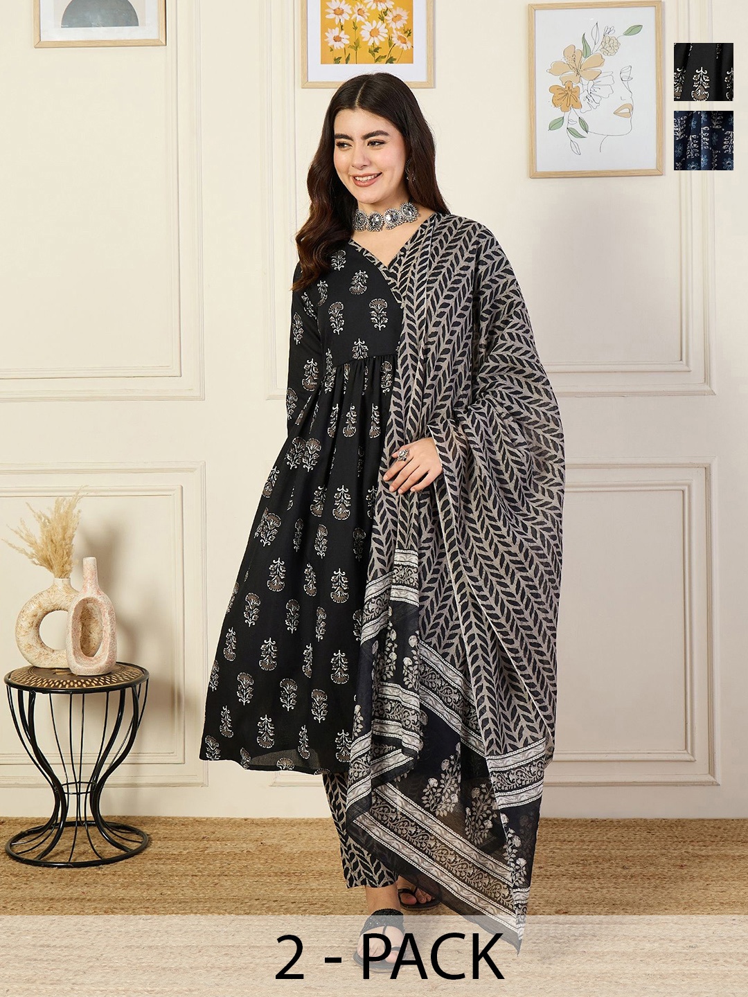 

KALINI Selection Of 2 Ethnic Motifs Printed V-Neck Kurtas With Trousers & Dupattas, Black