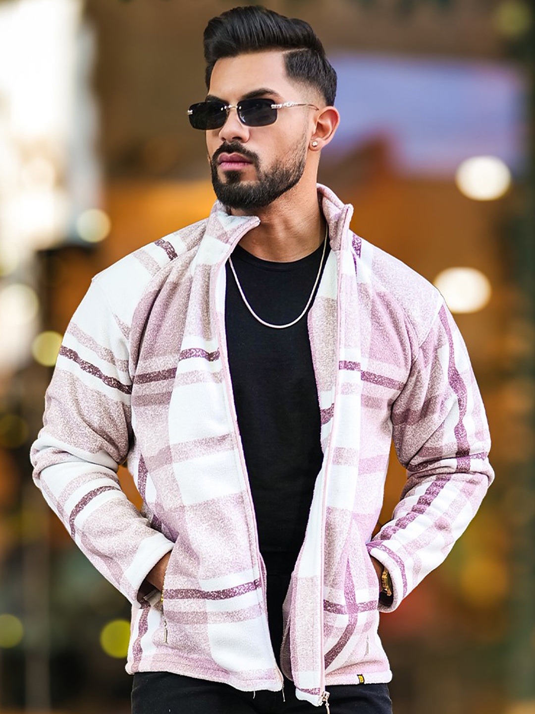 

Maniac Men Mock Collar Checked Cotton Casual Tailored Jacket, Pink