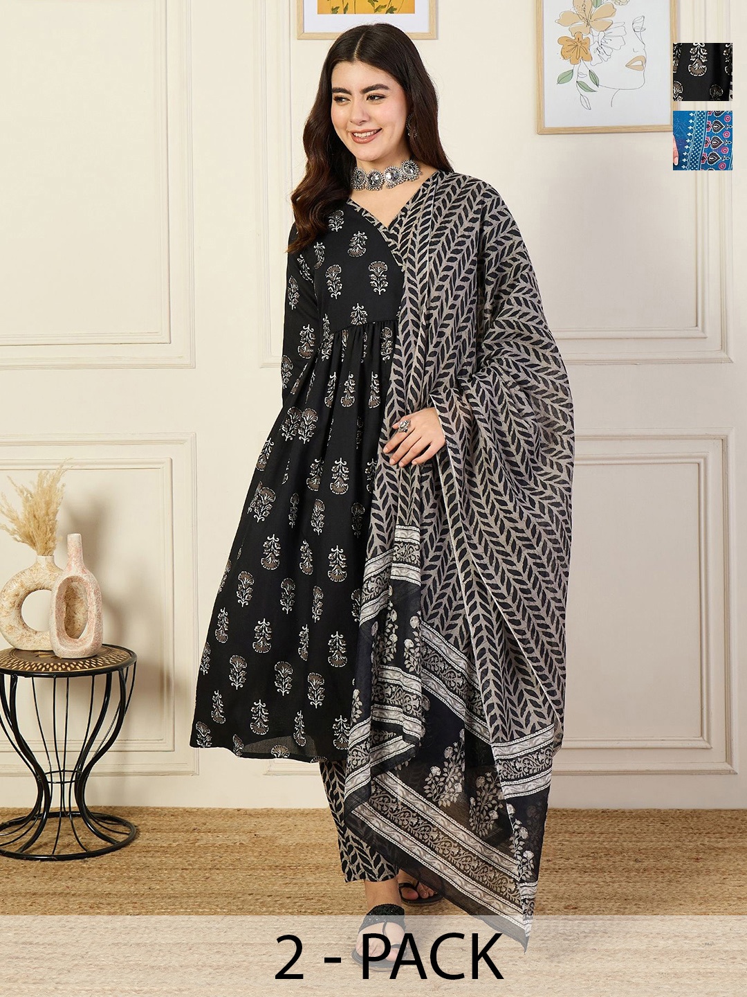 

KALINI Selection Of 2 Ethnic Motifs Printed V-Neck Kurtas With Trousers & Dupattas, Black