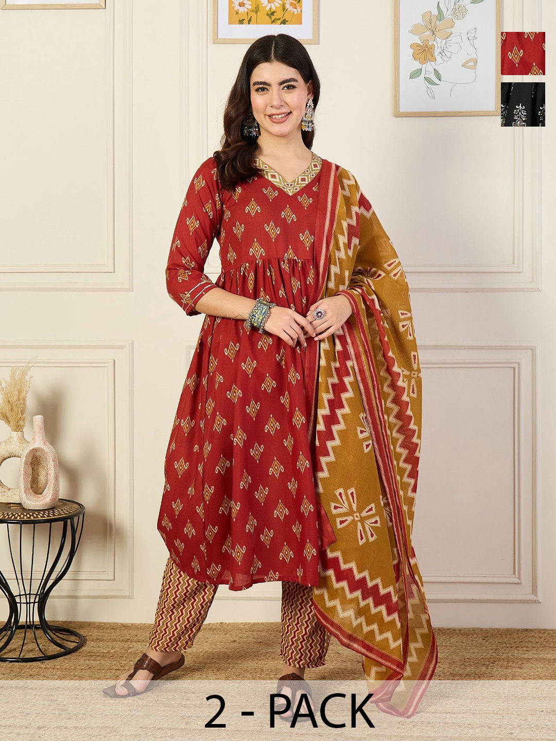 

KALINI Selection Of 2 Ethnic Motifs Printed V-Neck Anarkali Kurta With Trousers & Dupatta, Maroon