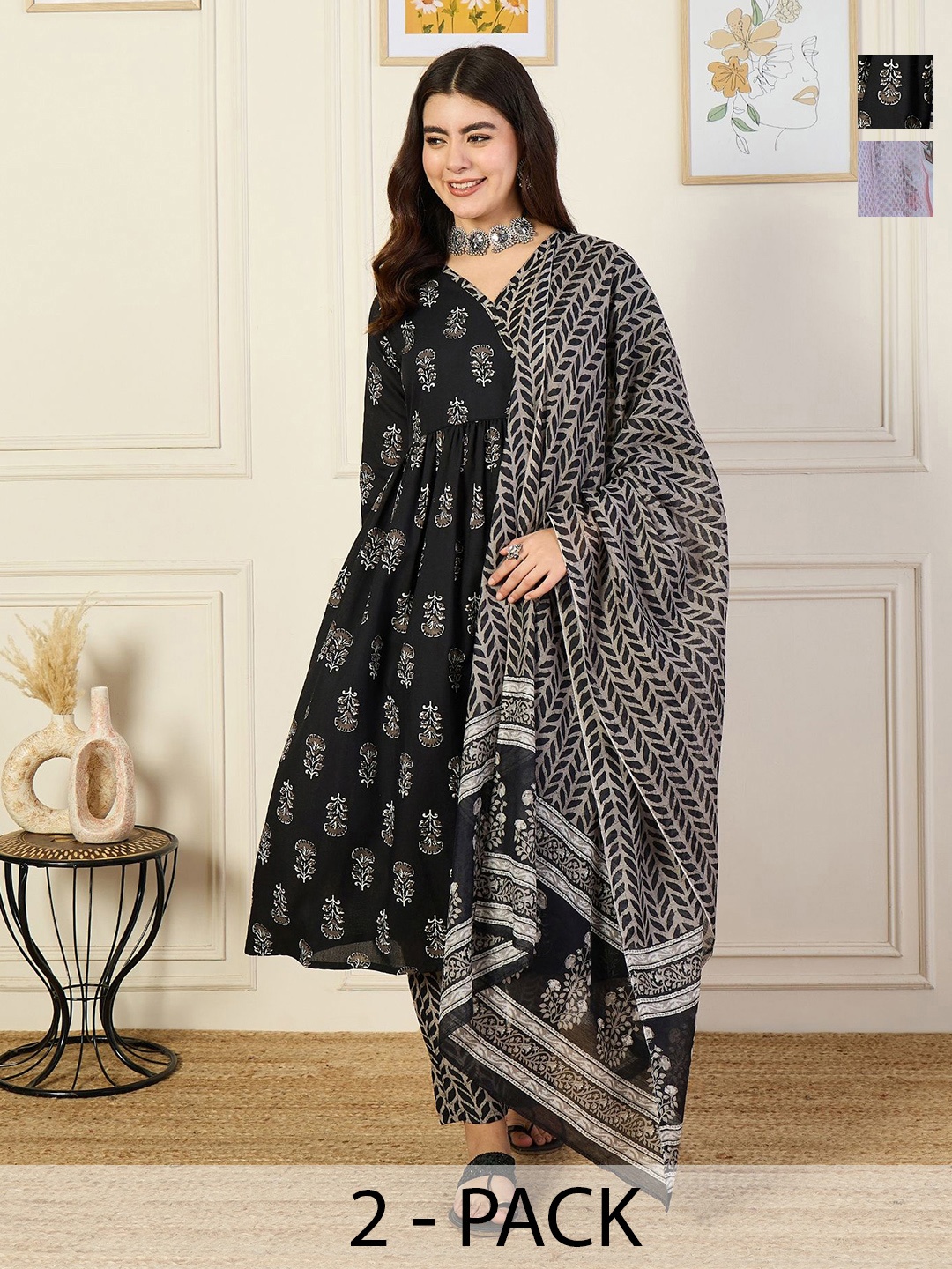 

KALINI Selection Of 2 Ethnic Motifs Printed V-Neck Kurtas With Trousers And Dupattas, Black