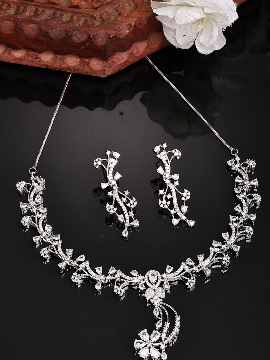 

ZENEME Rhodium-Plated Luxury Crystal & American Diamond Stone Studded Floral Jewellery Set, Silver