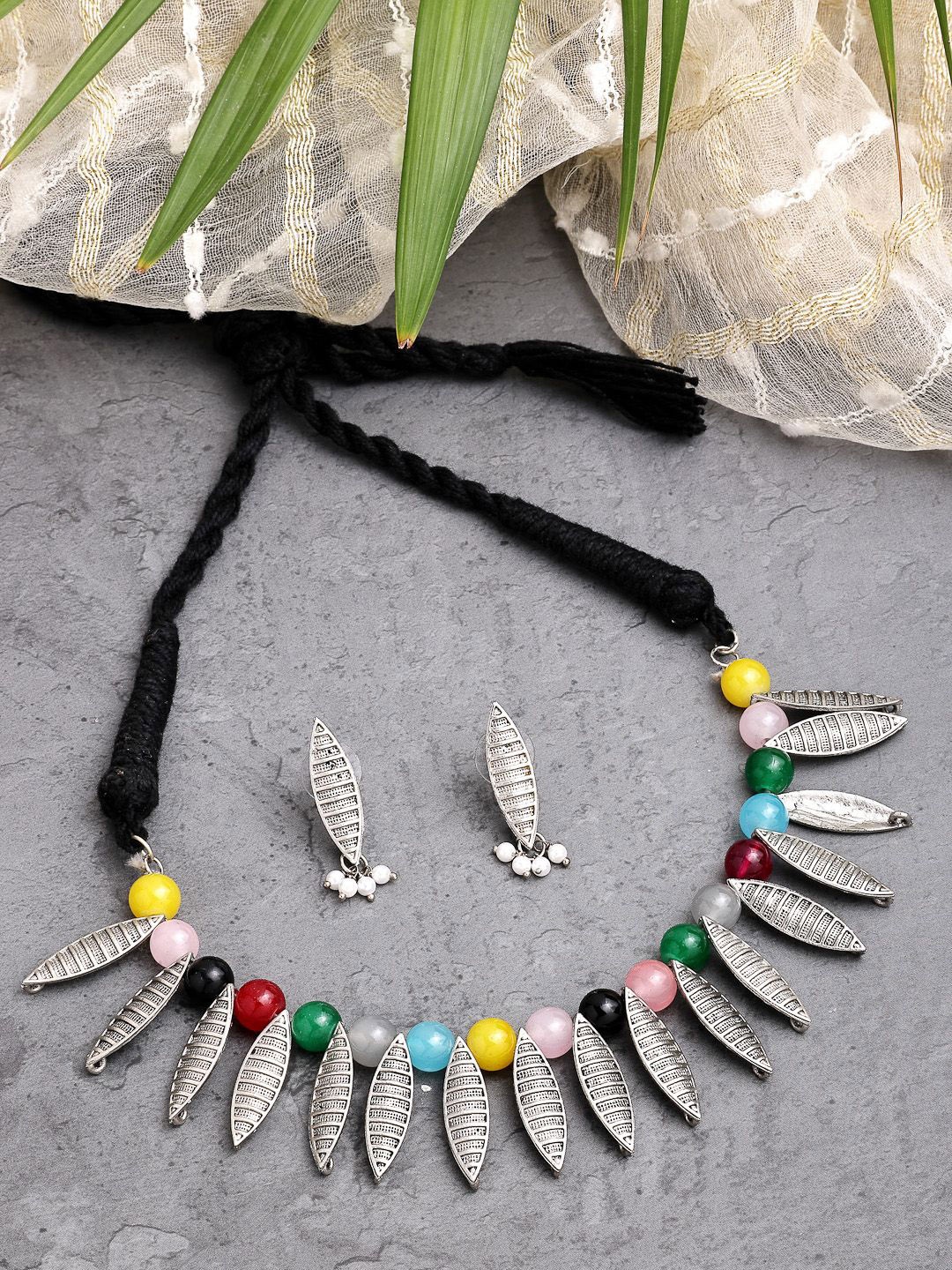 

ZENEME Silver-Plated Oxidised Beaded Tribal Jewellery Set