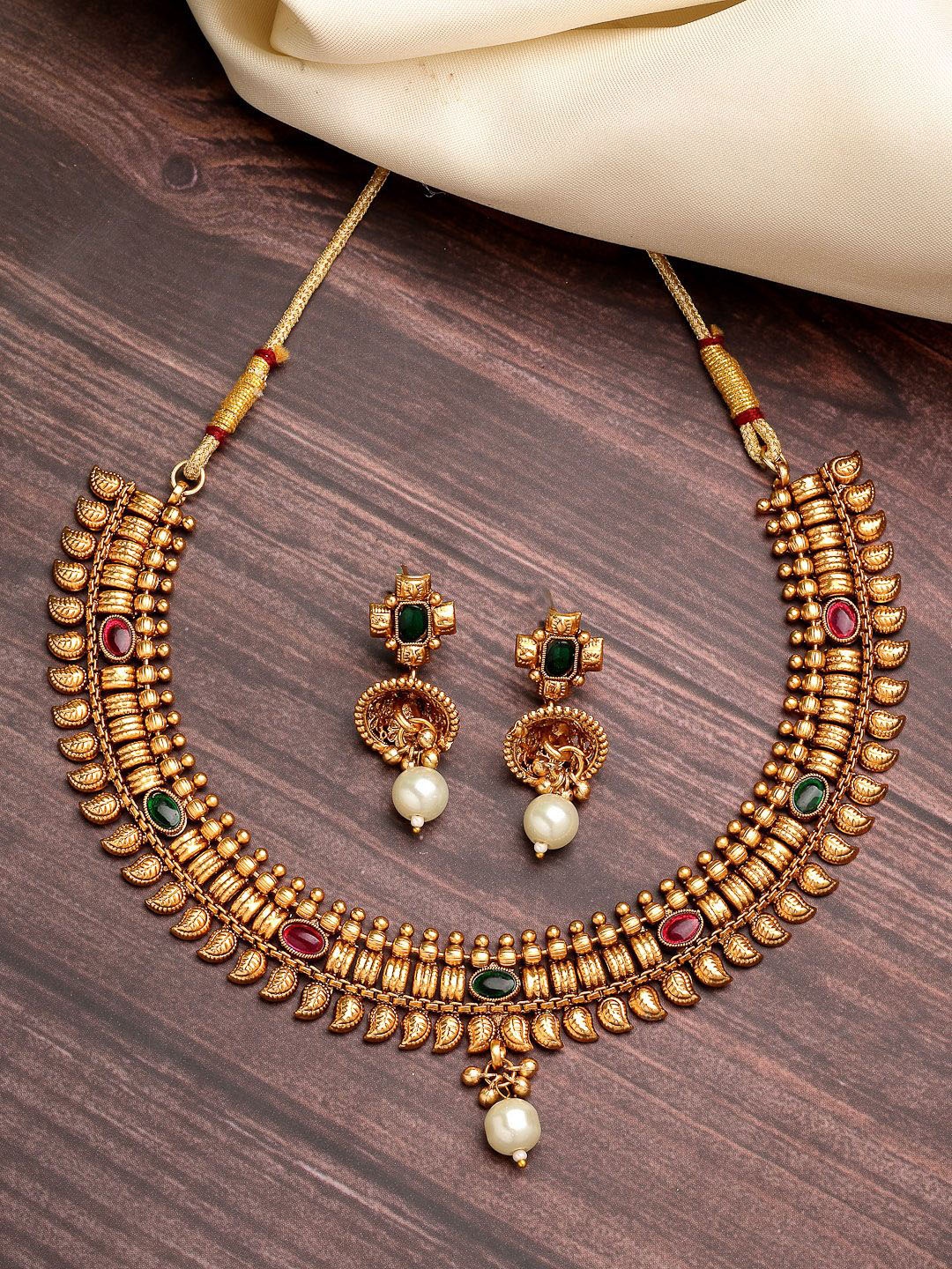 

ZENEME 18KT Gold-Plated Floral Kundan Stone Studded & Pearls Beaded Jewellery Set