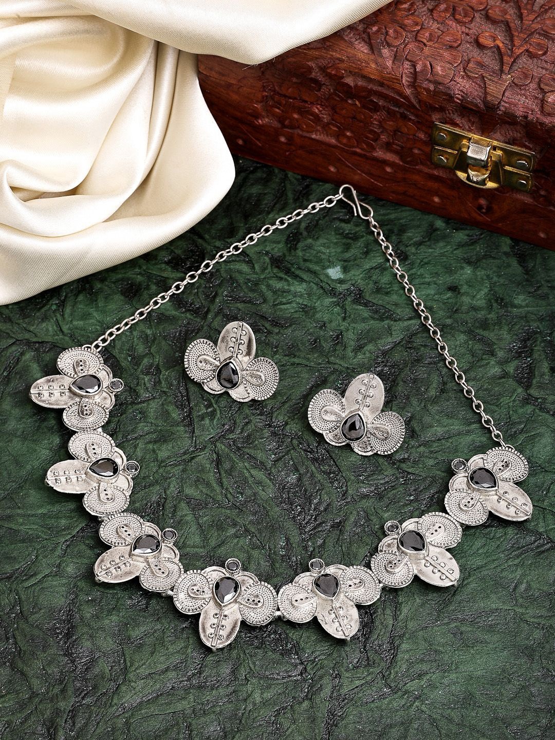 

ZENEME Rhodium-Plated Oxidised Stone Studded Jewellery Set, Silver