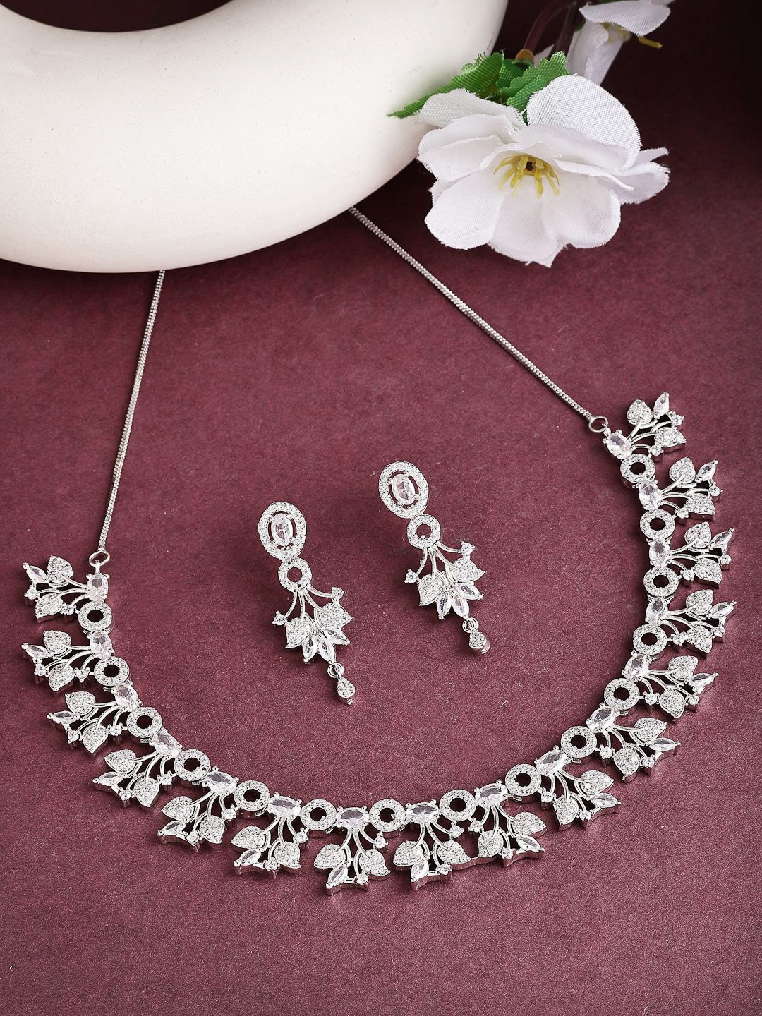 

ZENEME Rhodium-Plated American Diamond Stone Studded Jewellery Set, Silver