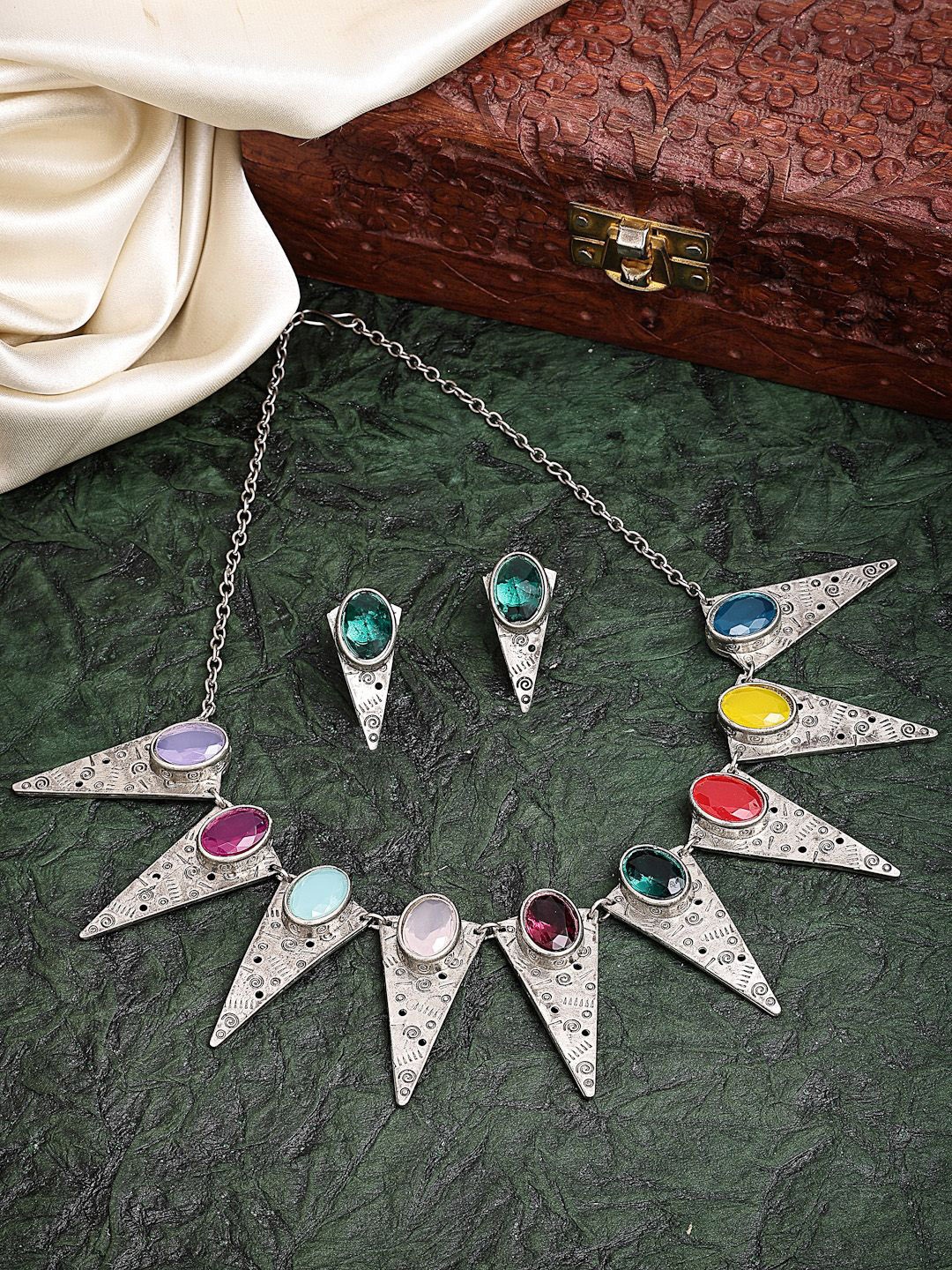 

ZENEME Antique Oxidised Silver Plated Tribal Necklace Earring Set