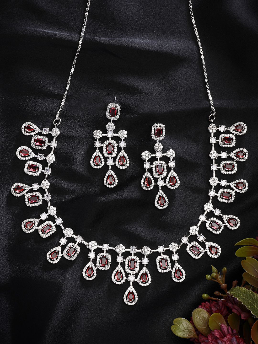 

ZENEME Rhodium-Plated Red Square Shaped American Diamond Necklace with Earring Set, Silver