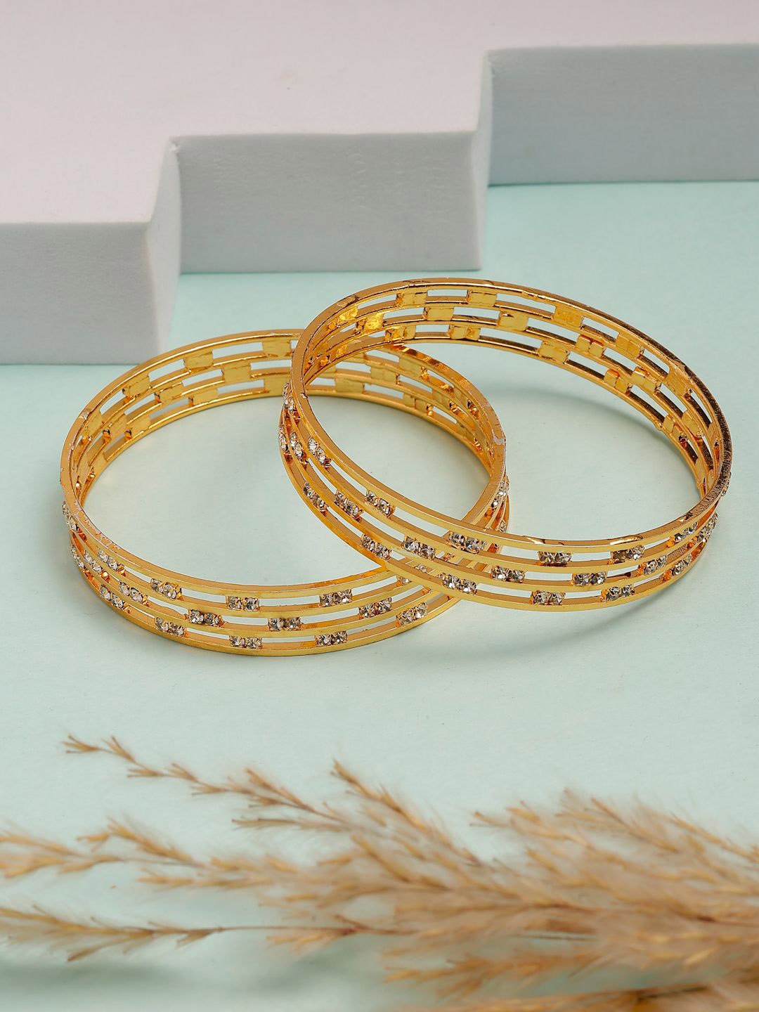 

NVR Women Set of 2 Gold-Plated Cubic Zirconia Stone Studded Bangles