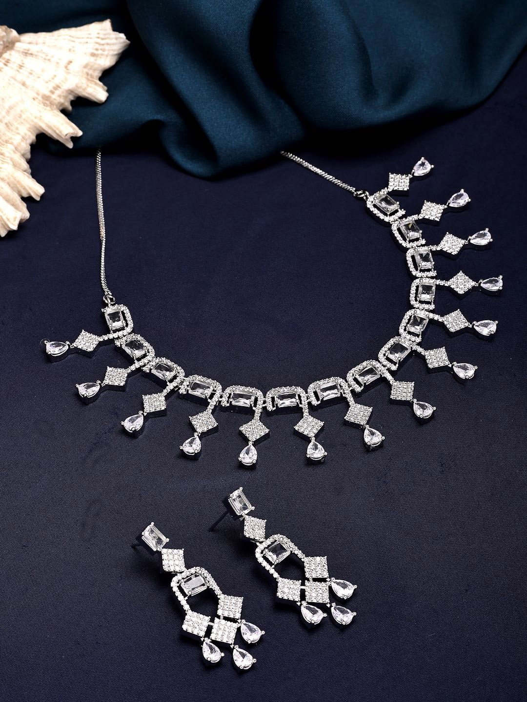

ZENEME Rhodium-Plated Crystal White AD Necklace Set with Earrings, Silver