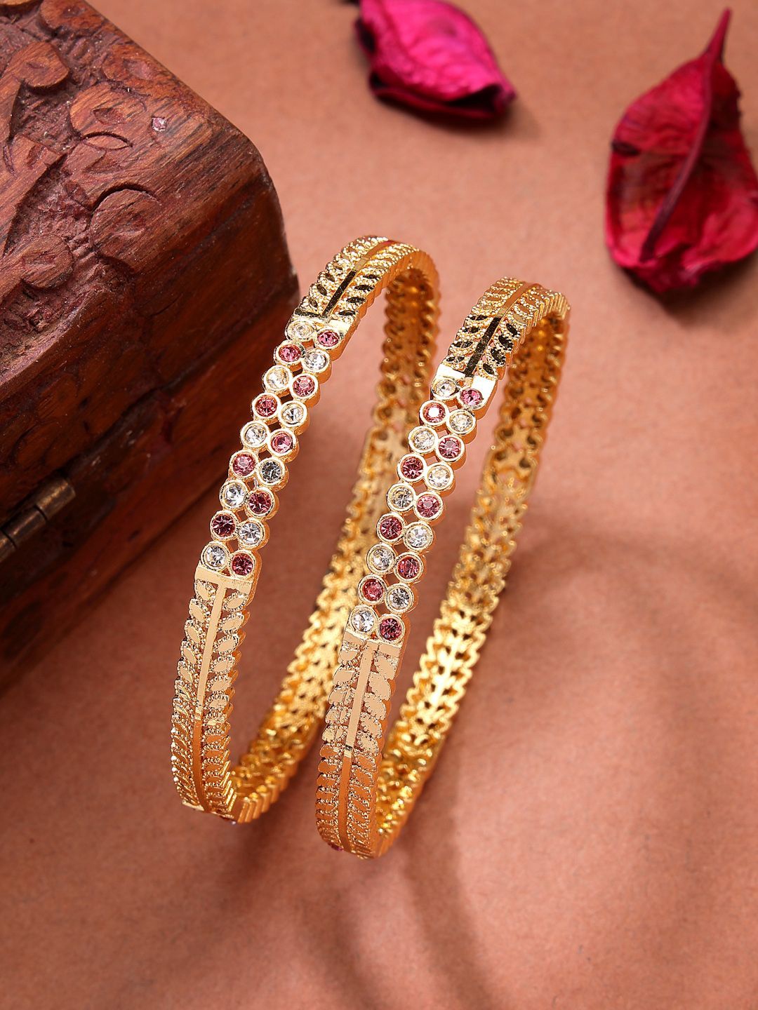 

NVR Women Set of 2 Gold-Plated Cubic Zirconia Stone Studded Bangles