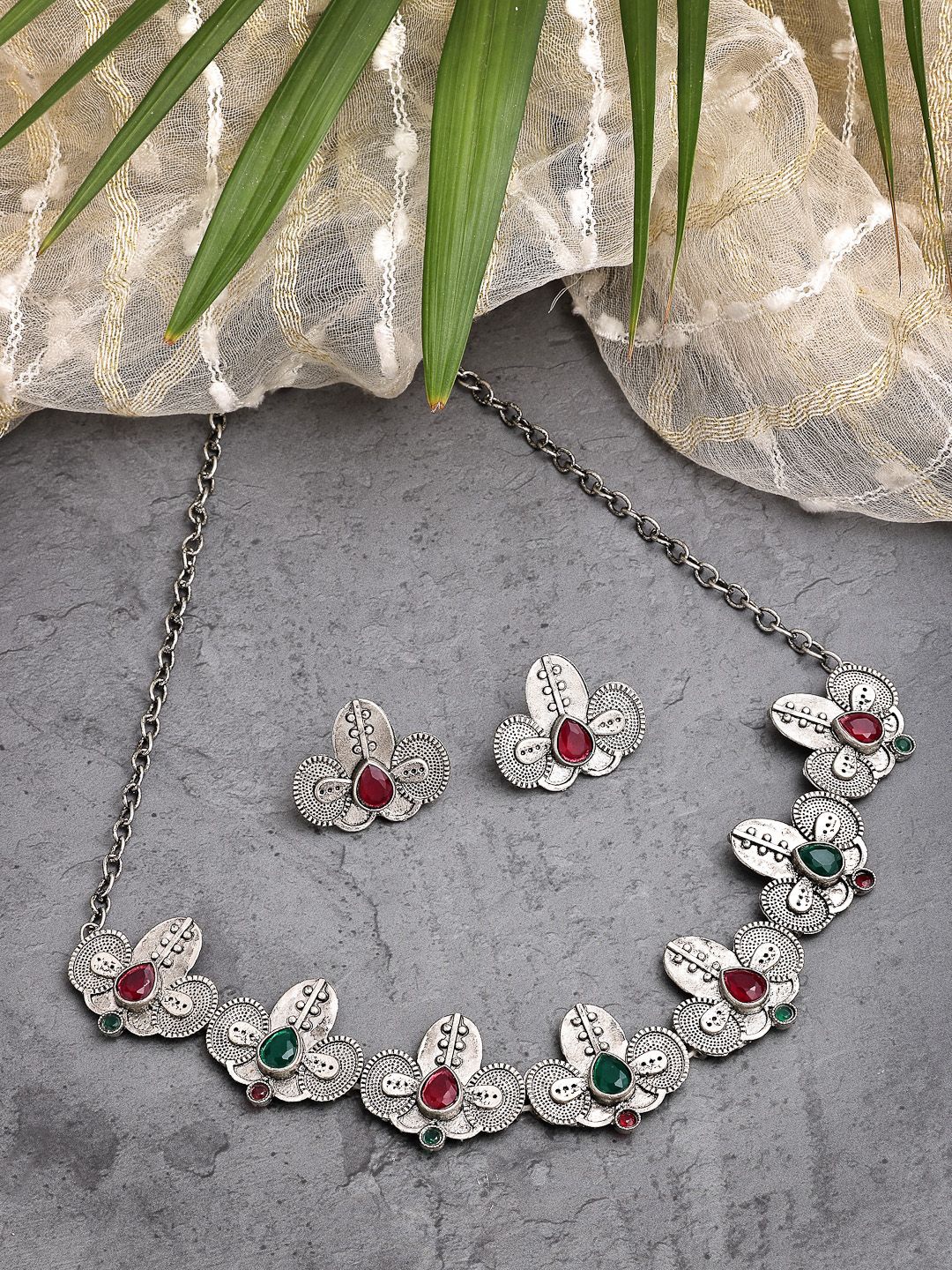 

ZENEME Oxidised Silver Multi-Color Traditional Threaded Choker Necklace Set