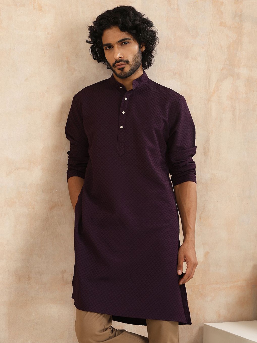 

House of Chikankari Men Floral Woven Design Dobby Weave Mandarin Collar Straight Kurta, Purple