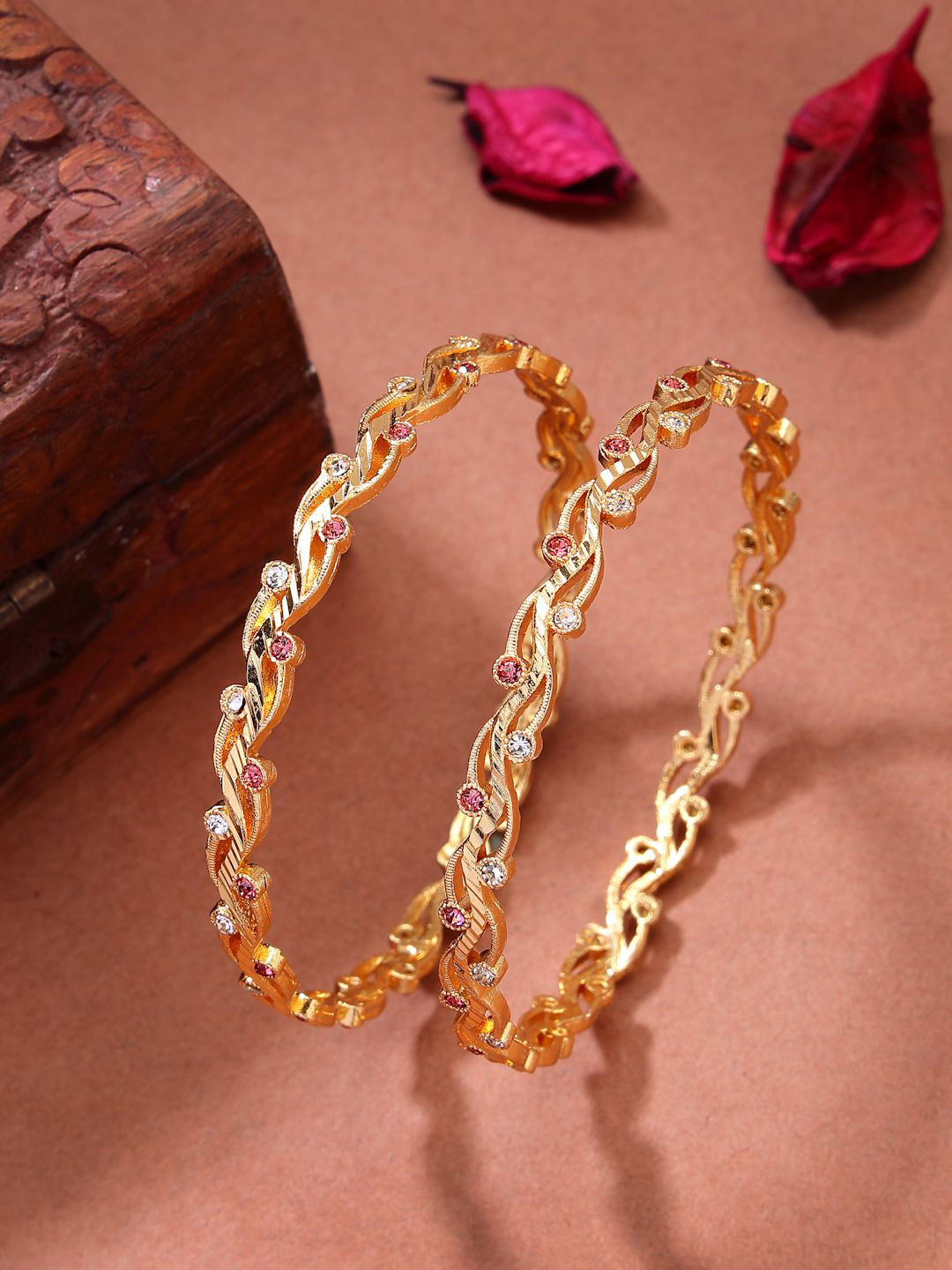 

NVR Women Set of 2 Gold-Plated Cubic Zirconia Stone Studded Bangles