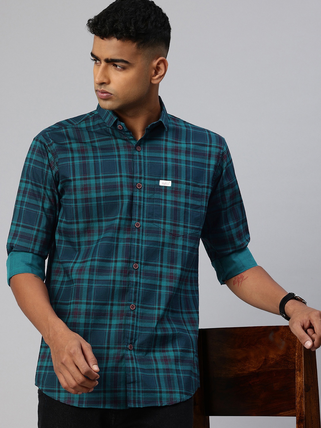 

Majestic Man Pure Cotton Comfort Slim Fit Checked Casual Shirt, Teal