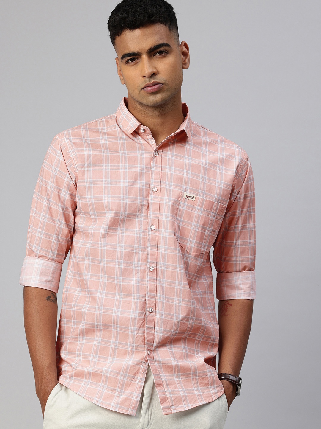 

Majestic Man Opaque Checked Casual Shirt, Peach