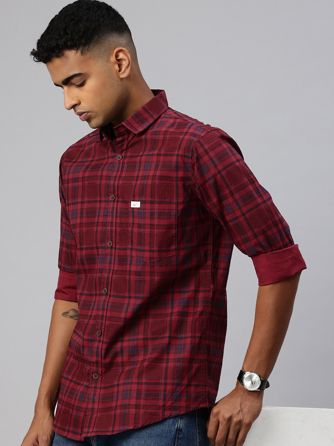 

Majestic Man Regular Fit Checked Pure Cotton Casual Shirt, Maroon