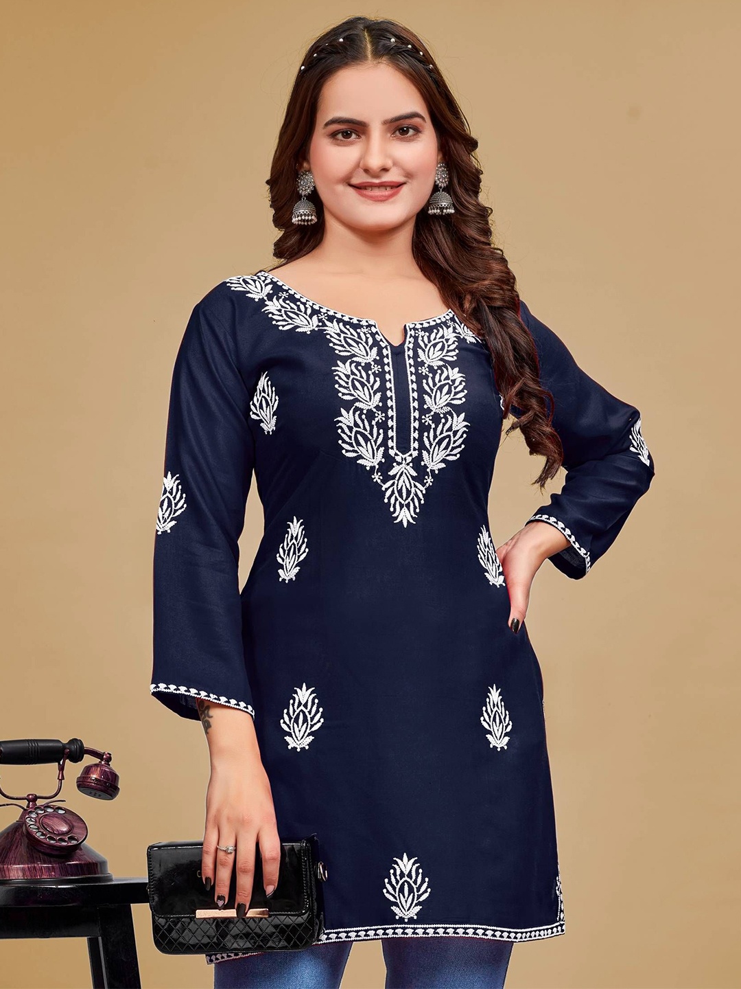 

Kalavrund Creation Ethnic Motifs Embroidered Chikankari Kurti, Navy blue