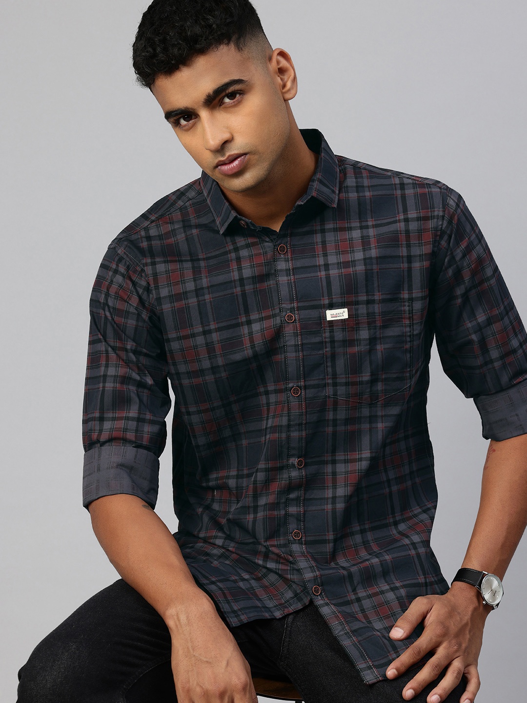 

Majestic Man Opaque Checked Casual Shirt, Grey