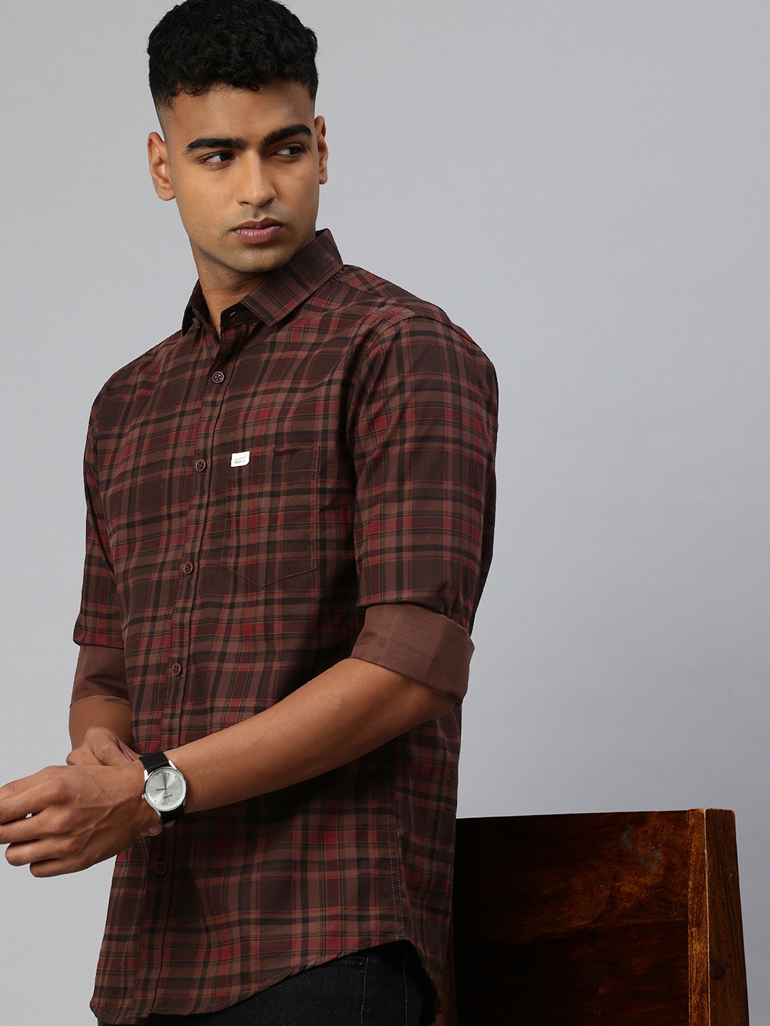 

Majestic Man Regular Fit Checked Pure Cotton Casual Shirt, Coffee brown