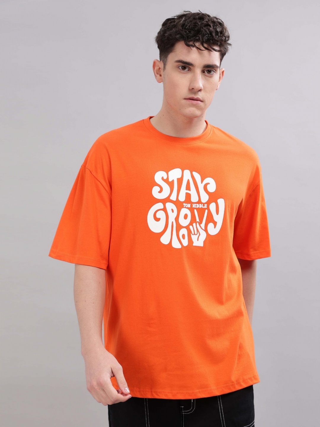 

TOMHIDDLE Men Typography Printed Round Neck Cotton Relaxed Fit T-shirt, Orange