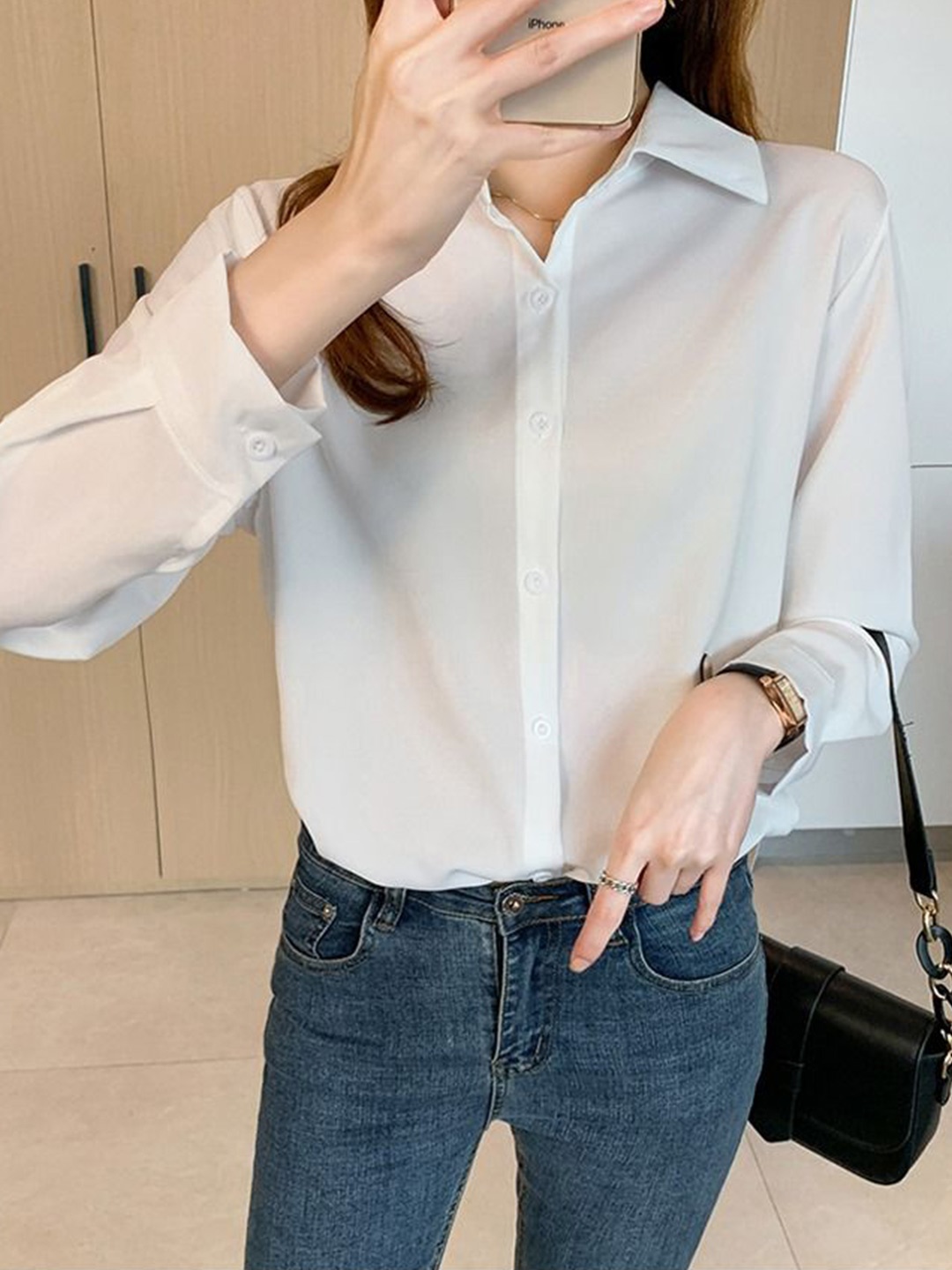 

StyleCast Women Spread Collar Solid Casual Shirt, White