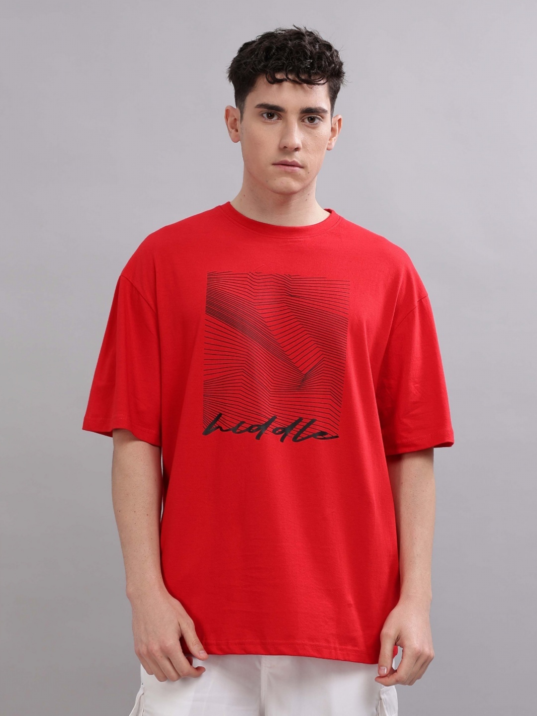 

TOMHIDDLE Men Typography Printed Round Neck Cotton Relaxed Fit T-shirt, Red
