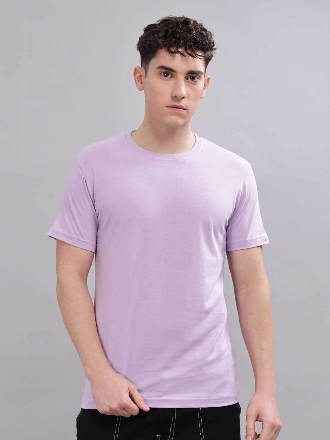 

TOMHIDDLE Men Solid Round Neck Cotton T-shirt, Lavender