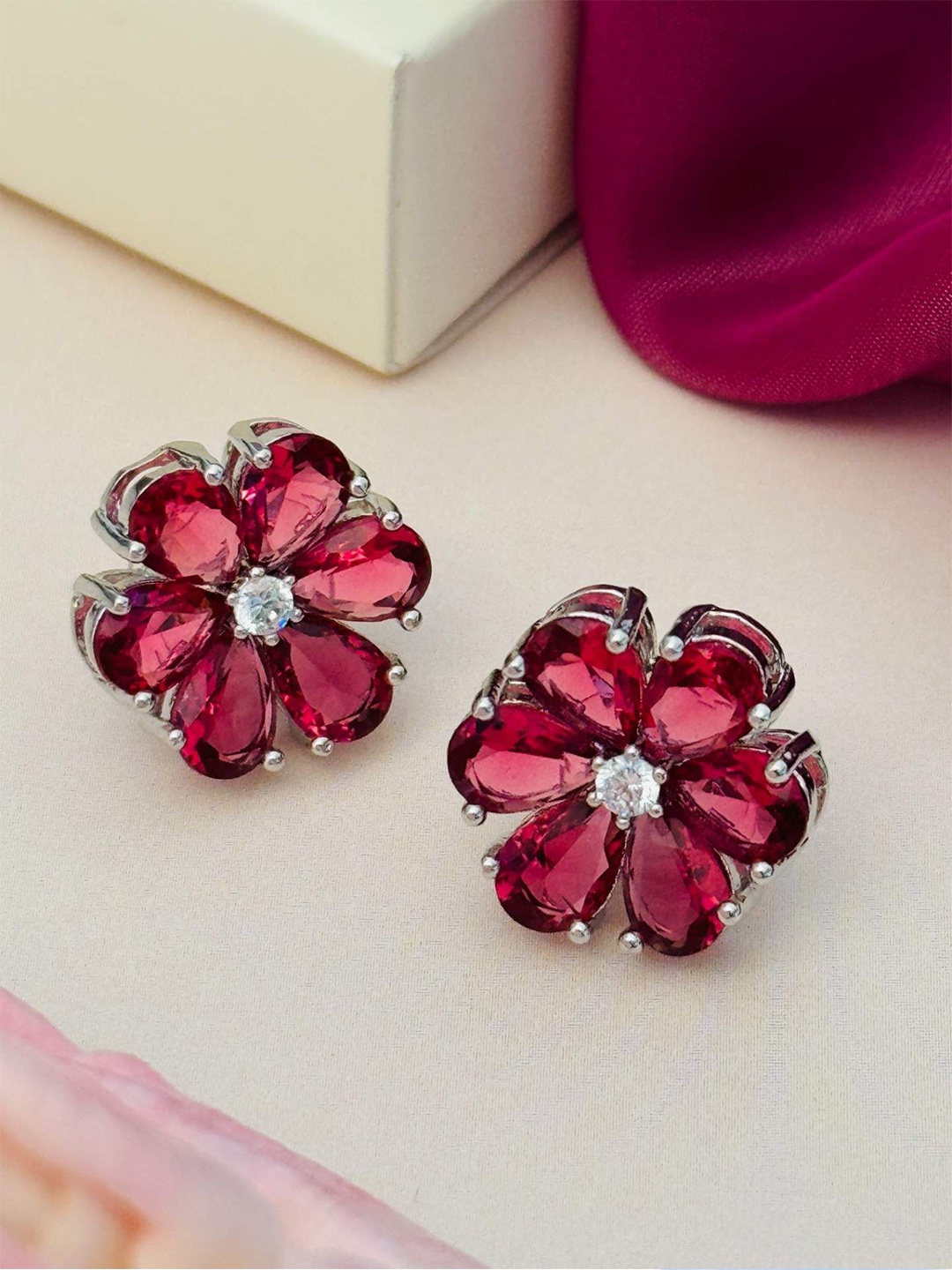 

ABDESIGNS Silver Plating Floral Shaped Studs Earrings, Pink