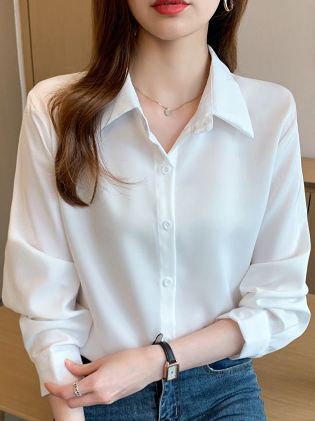 

StyleCast Women Spread Collar Solid Casual Shirt, White