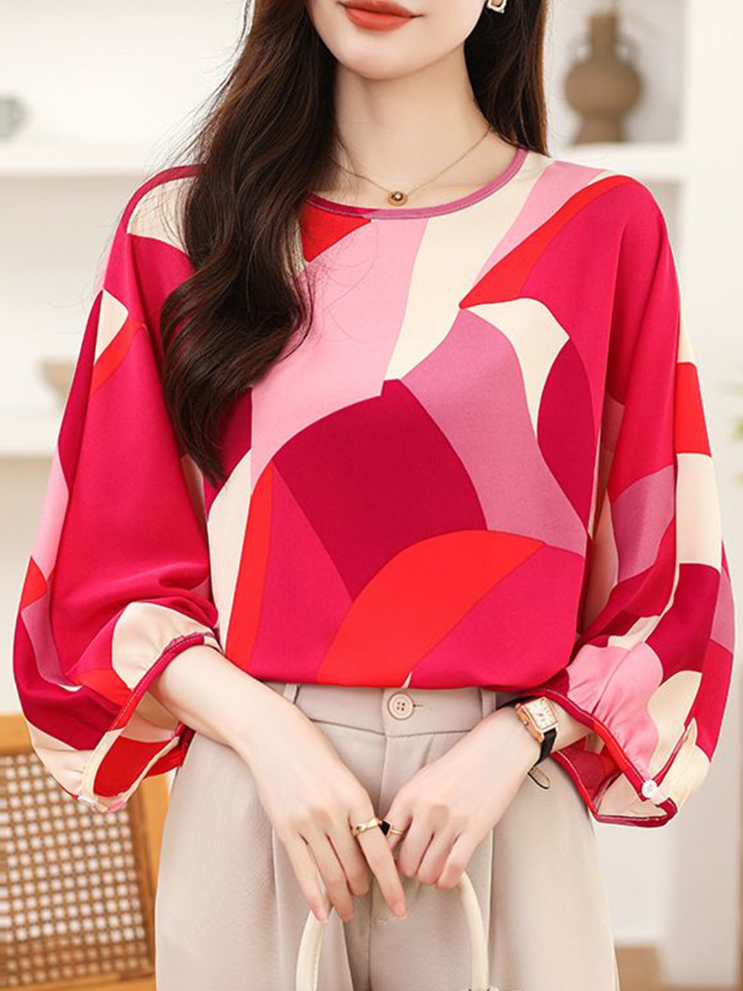 

StyleCast Women Abstract Printed Round Neck Longline Top, Red