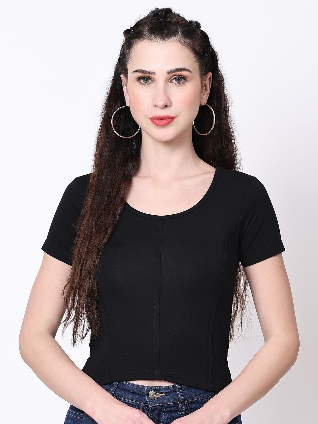 

Outflits Women Round Neck Cotton Crop Top, Black