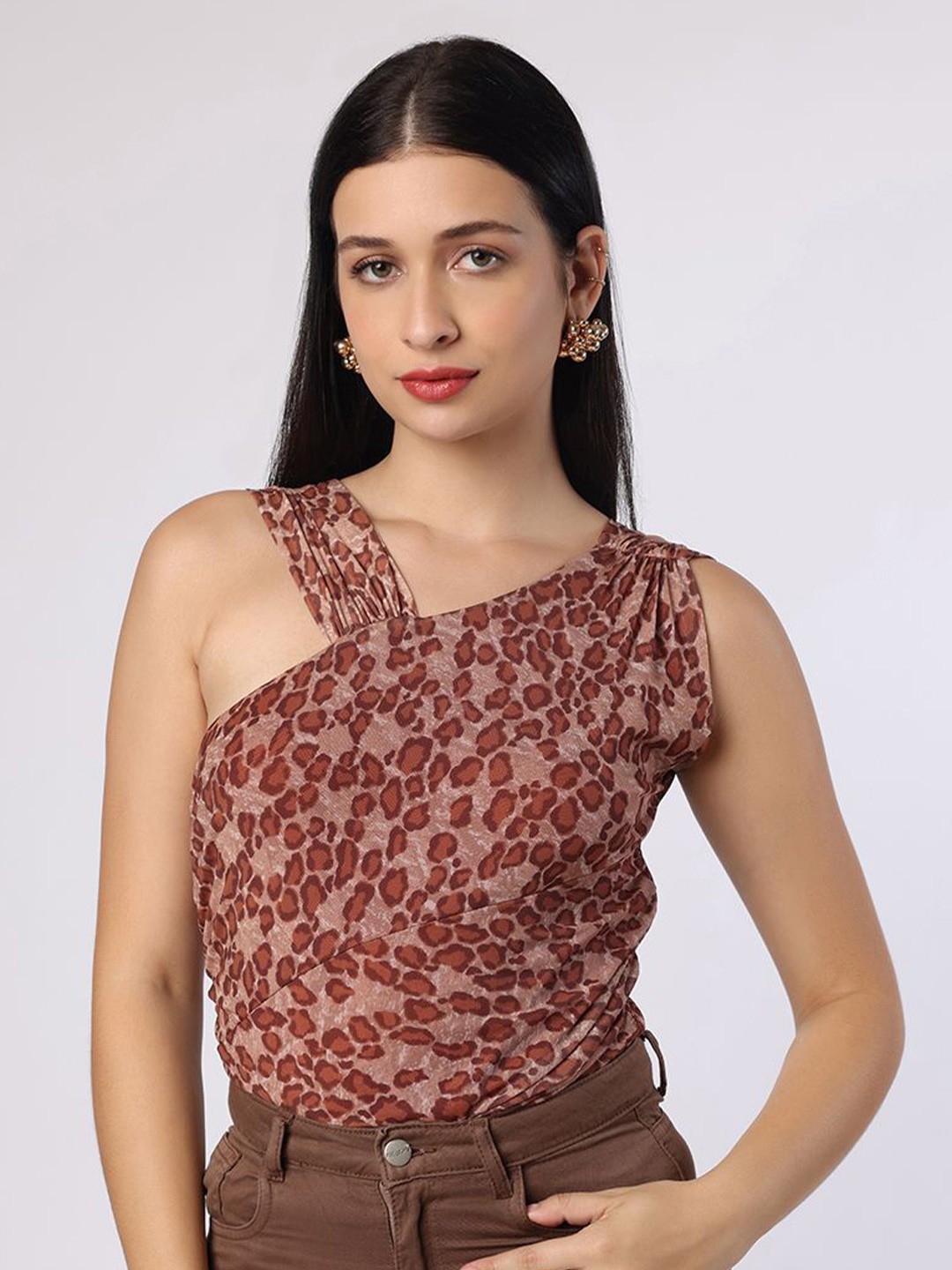

BLANC9 Women Leopard Printed Bodysuit Top, Brown