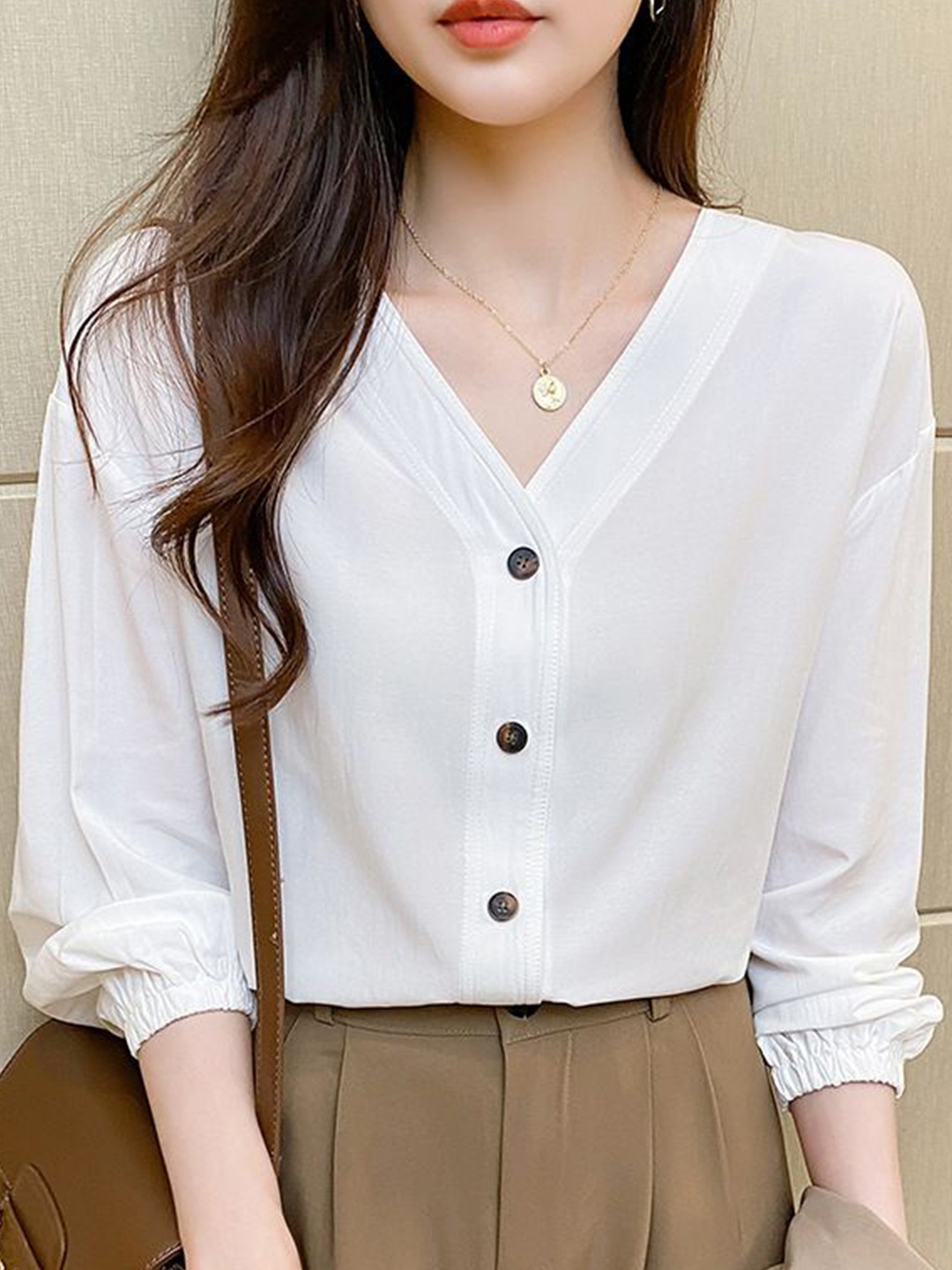 

StyleCast Women Solid V-Neck Pure Cotton Top, White