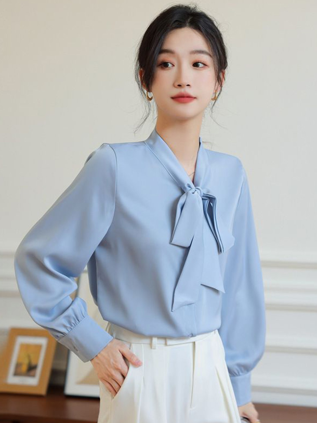 

StyleCast Women Solid Shirt Style Tie-Up Neck Top, Blue