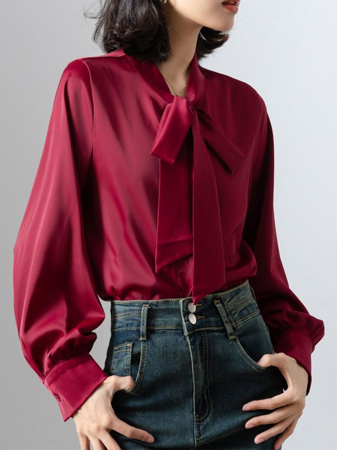 

StyleCast Women Solid Shirt Style Tie-Up Neck Top, Maroon