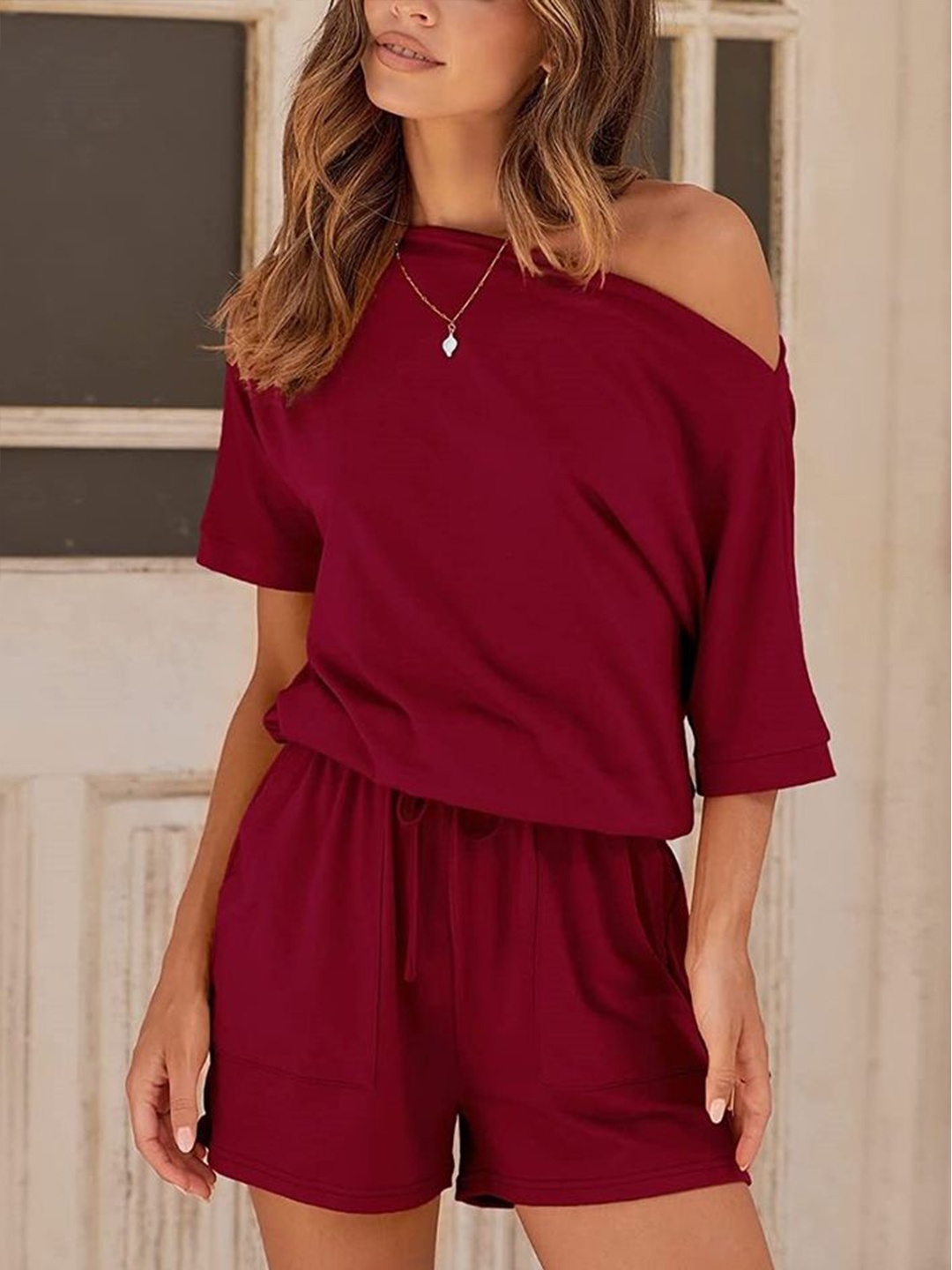 

LULU & SKY Women One Shoulder Playsuit, Burgundy