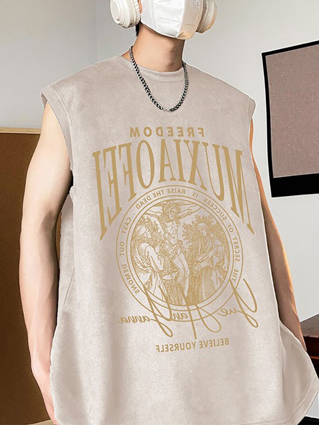 

StyleCast x Revolte Men Graphic Printed Round Neck Oversized T-shirt, Beige