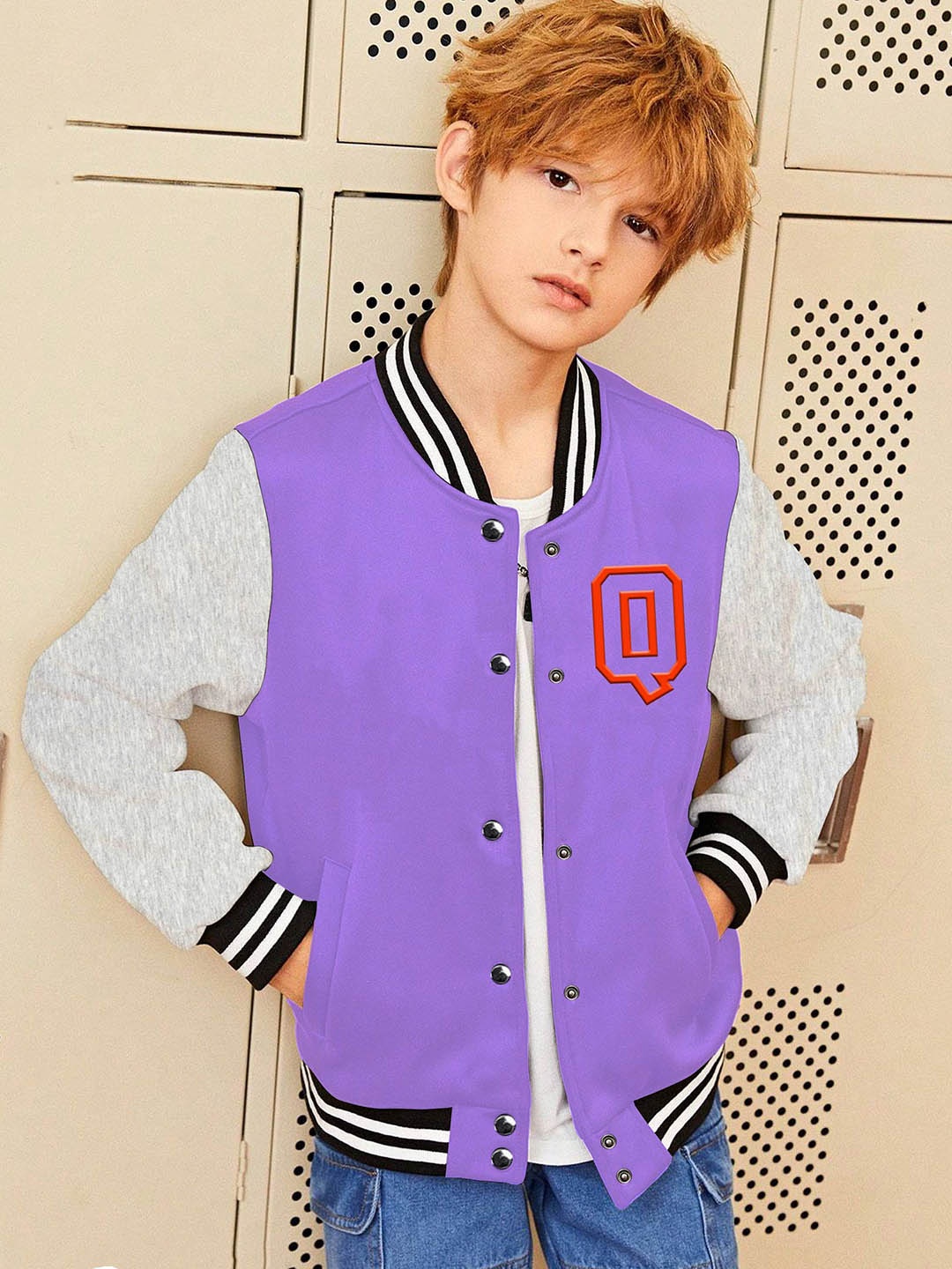 

BAESD Boys Stand Collar Typography Printed Fleece Casual Bomber Jacket, Lavender