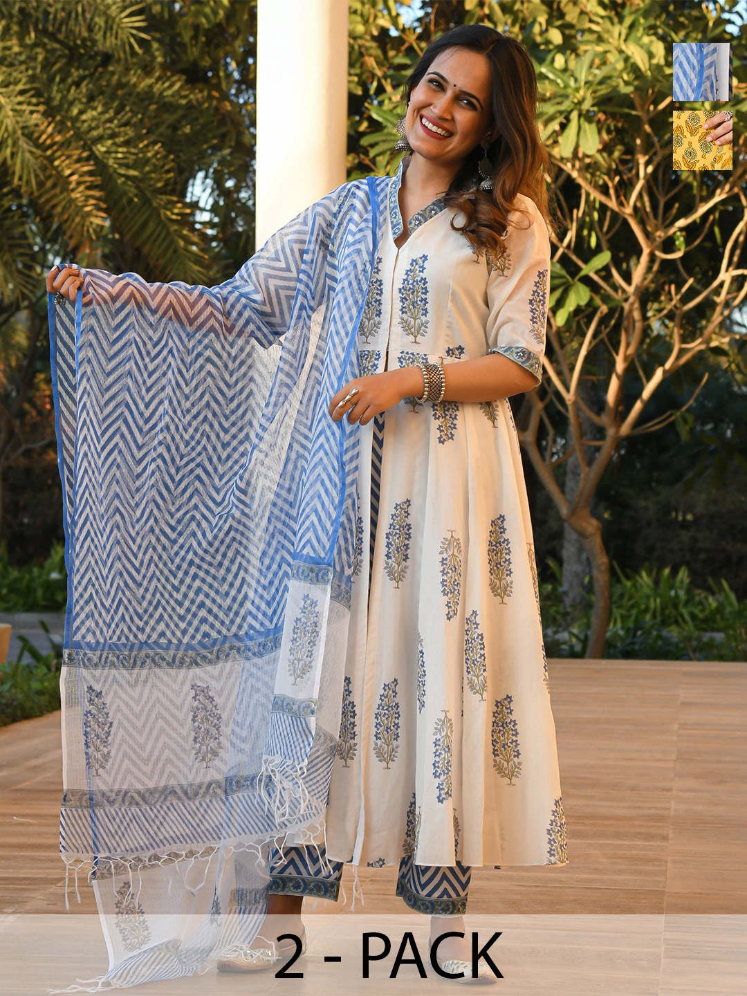 

KALINI Selection Of 2 Floral Printed Sequinned Anarkali Kurta With Trousers & Dupatta, White