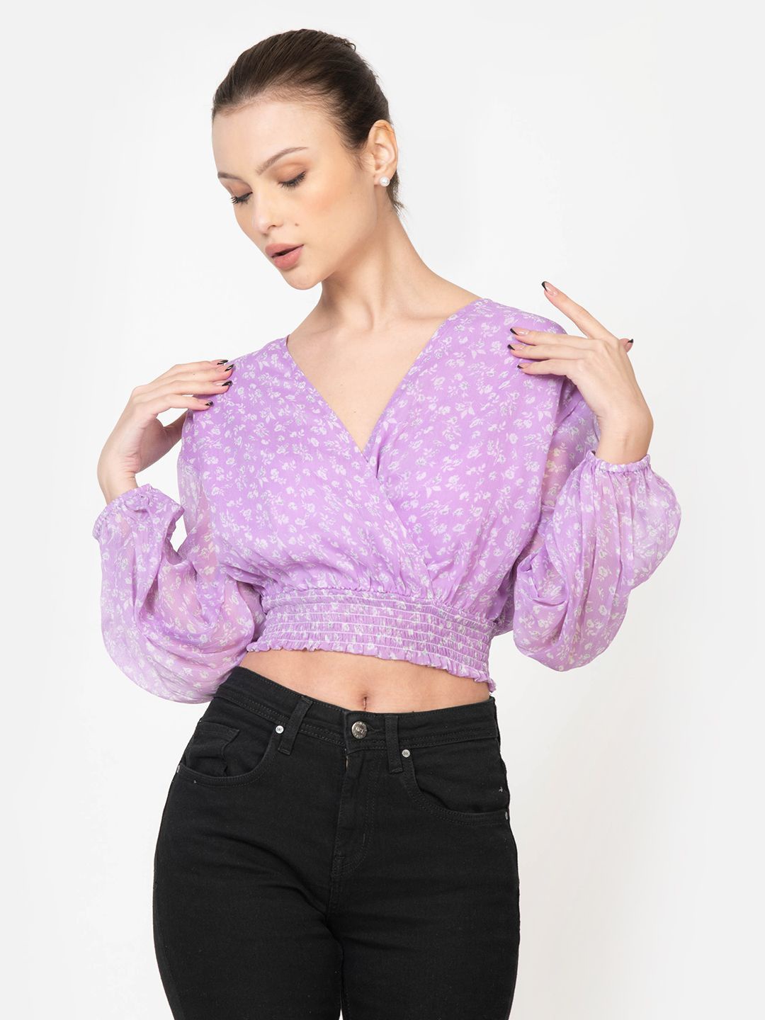 

June 9 Clothing Women V-Neck Floral Printed Puff Sleeve Smocking Wrap Crop Top, Lavender