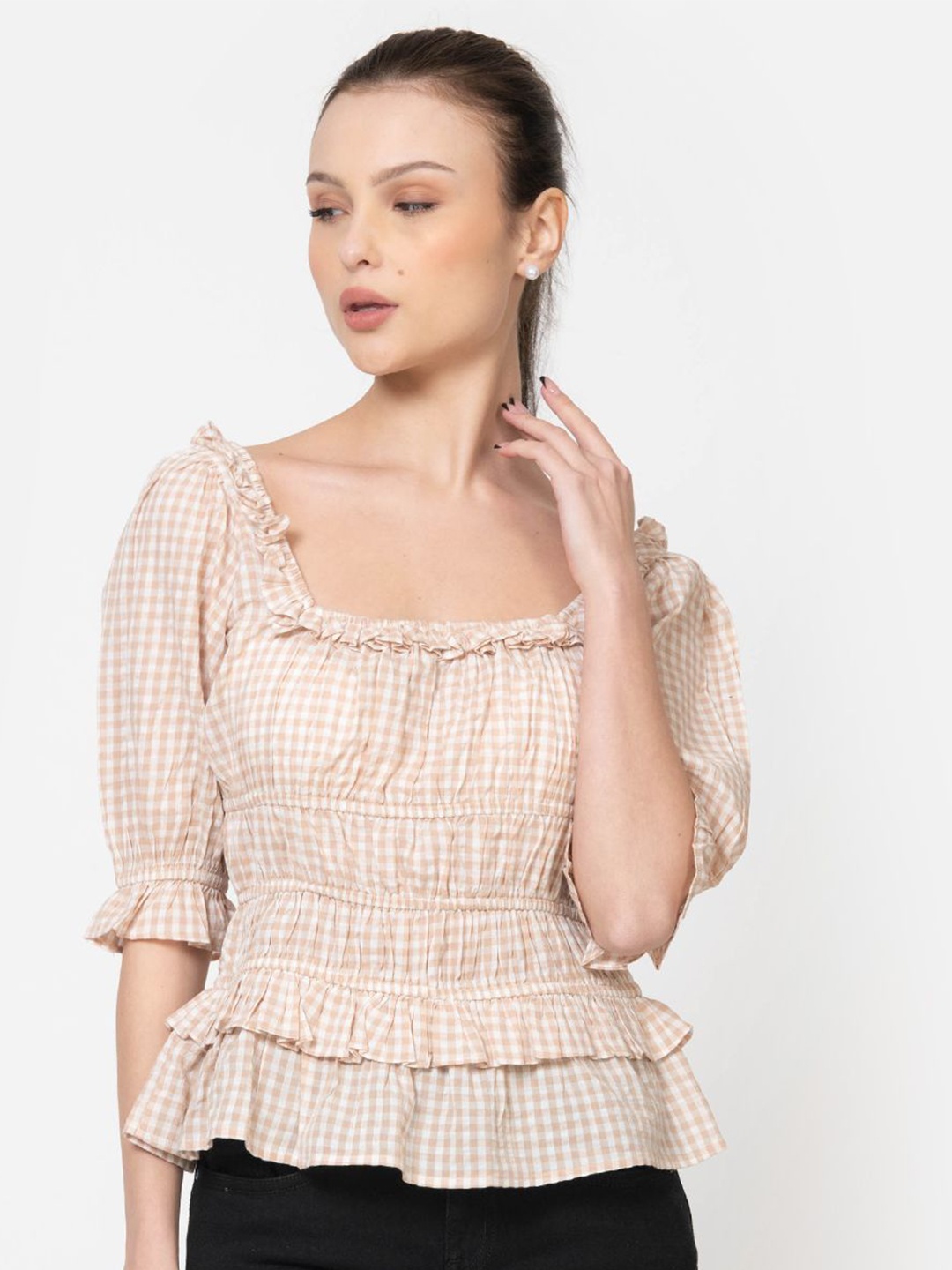 

June 9 Clothing Women Checked Ruffles Cotton Top, Brown
