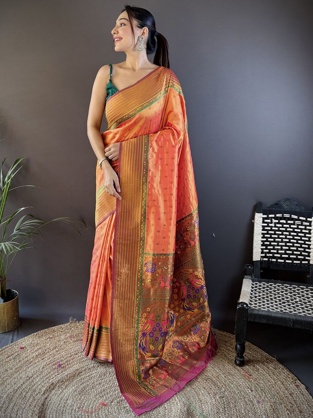 

Mitera Ethnic Motifs Zari Paithani Saree With Unstitched Blouse Piece, Peach