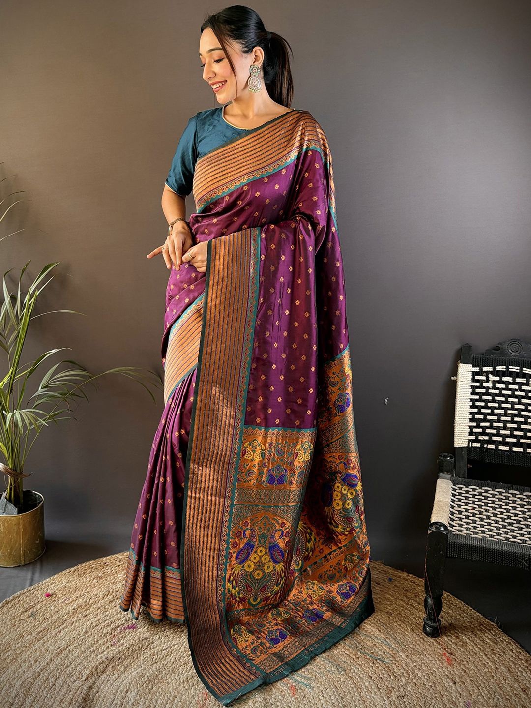 

Mitera Ethnic Motifs Zari Paithani Saree With Unstitched Blouse Piece, Purple