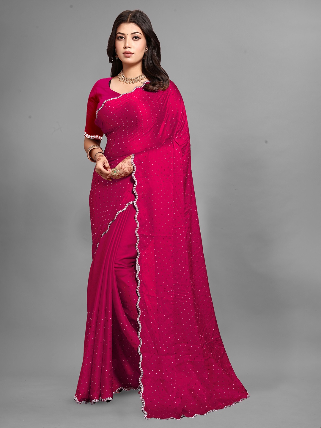 

BAESD Embellished Beads and Stones Heavy Work Banarasi Saree, Pink