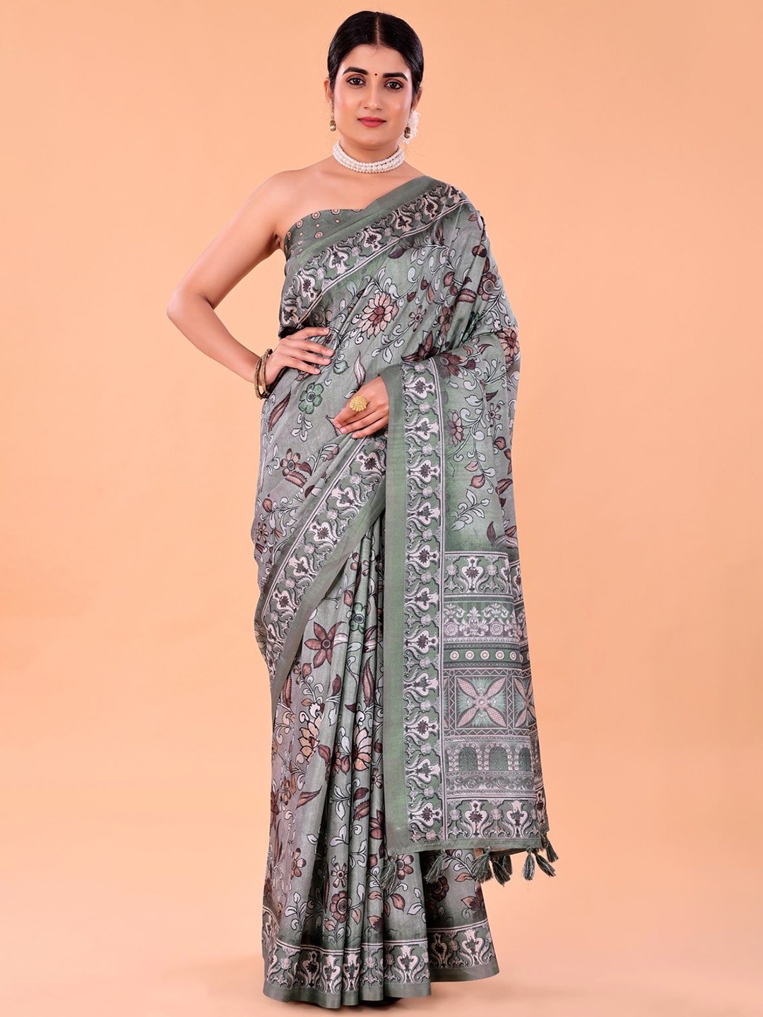

NAAREE COLLECTION Floral Printed Satin Ready to Wear Saree, Grey