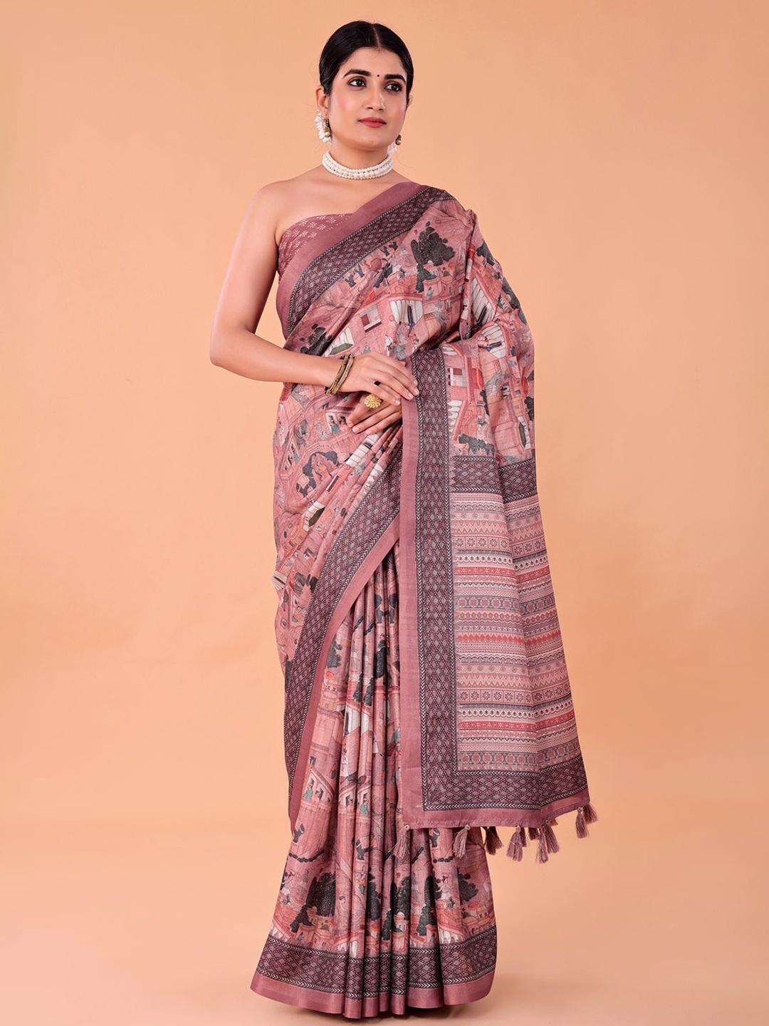 

NAAREE COLLECTION Floral Printed Satin Ready to Wear Saree, Pink