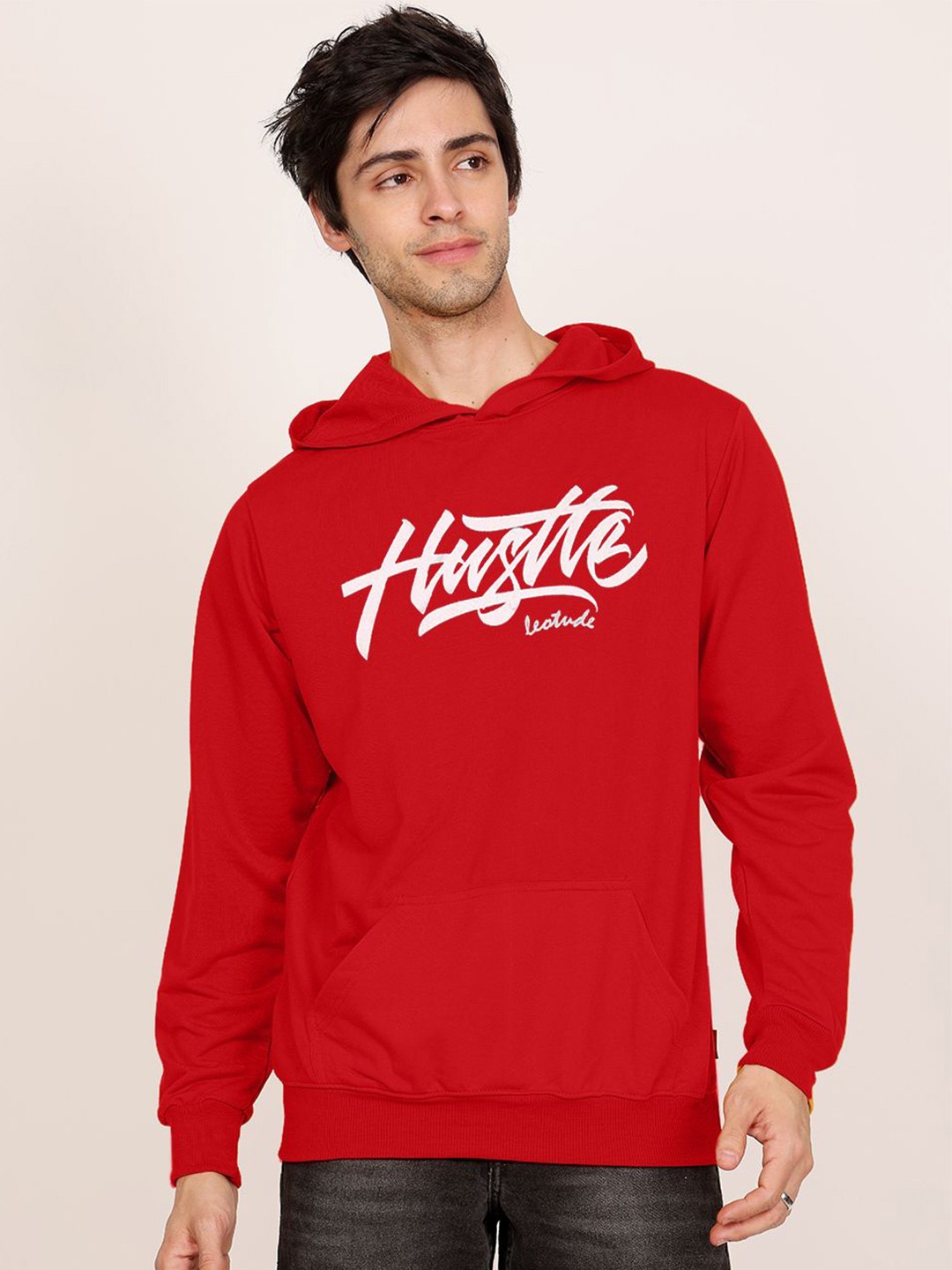 

Leotude Men Cotton Printed Hooded Sweatshirt, Red