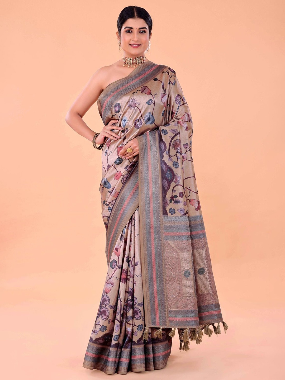 

NAAREE COLLECTION Ethnic Motifs Printed Satin Ready to Wear Saree, Grey